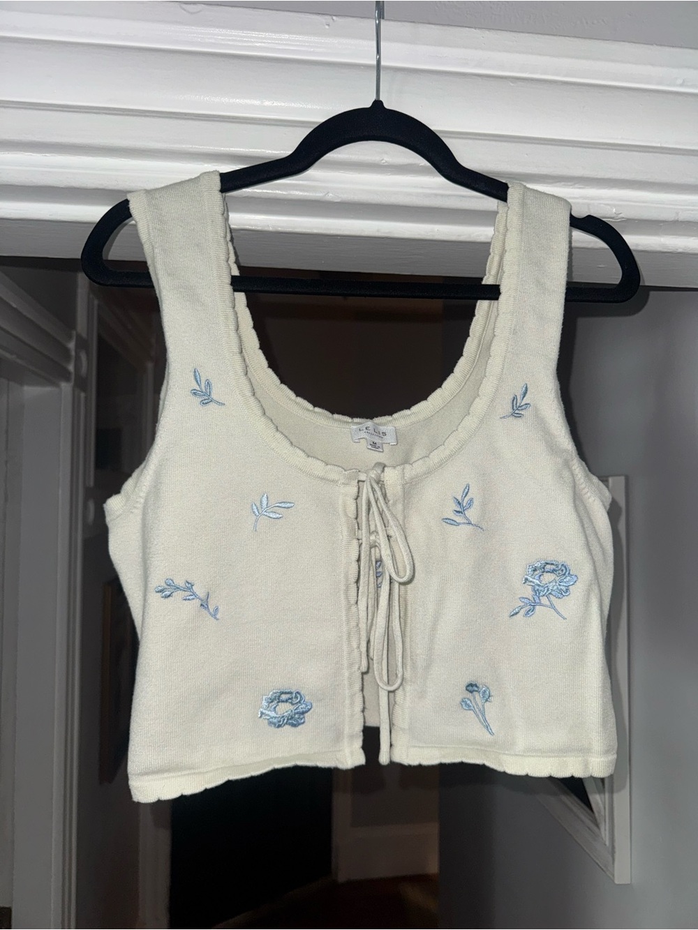 Le Lis Cream Tie-Front Crop Top with Light Blue Embroidery